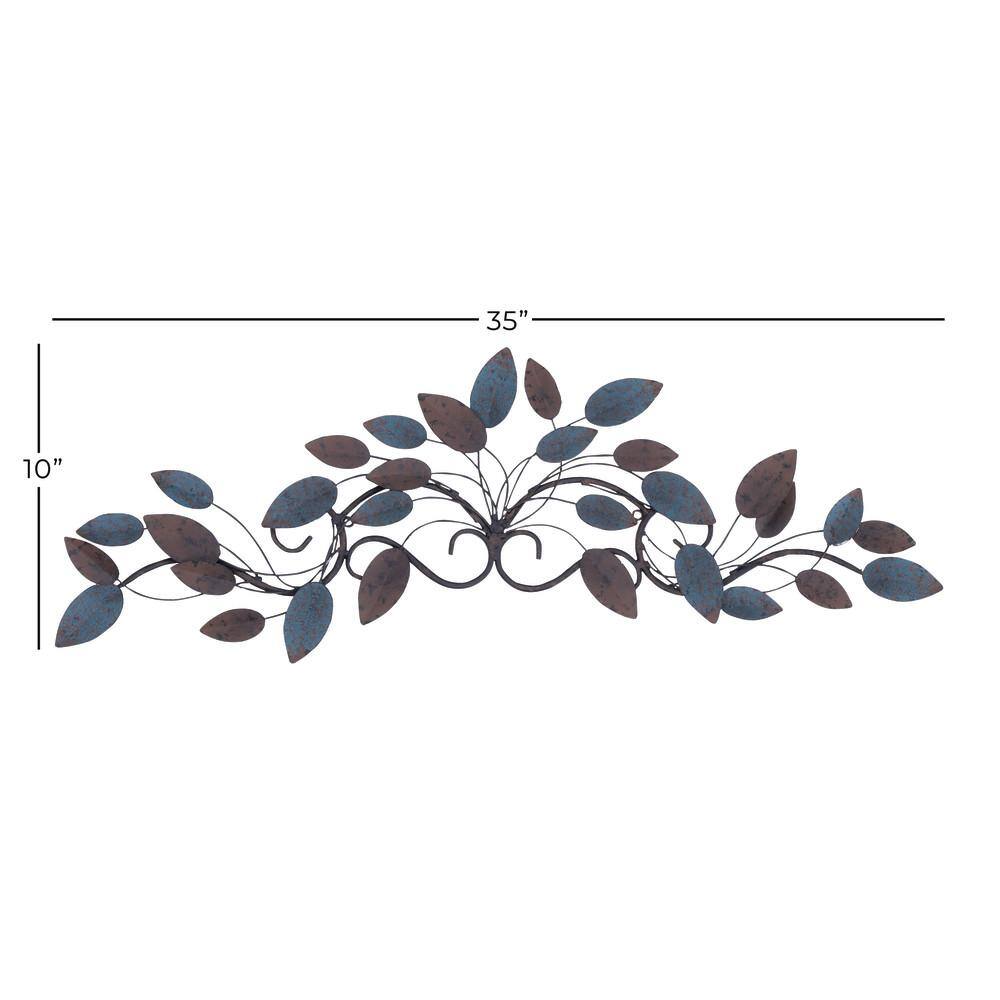 Blue and Brown Metal Leaf Wall Sculpture, 35" x 10"