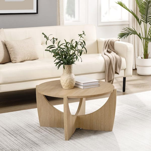 Welwick Designs 28 in. Coastal Oak Round Wood Modern Coffee Table with Intersecting Legs