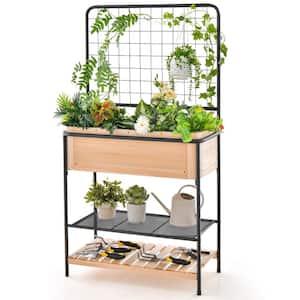Raised Wooden Garden Bed with Metal Trellis 59 in. Elevated Planter Box with Open Storage Shelves Removable Grid Divider