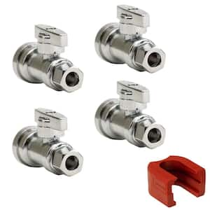 1/2 in. Push-to-Connect x 3/8 in. O.D. Compression Chrome Plated Brass Quarter-Turn Straight Stop Valve (4-Pack)