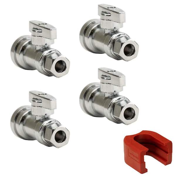 QUICKFITTING 1/2 in. Push-to-Connect x 3/8 in. O.D. Compression Chrome Plated Brass Quarter-Turn Straight Stop Valve (4-Pack)