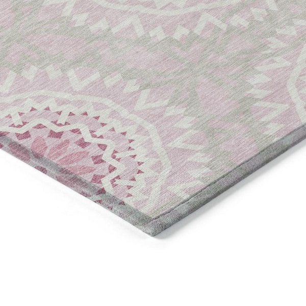 Pink, Blush, Ivory 5 ft. x 8 ft. Woven Floral, Medallion Polyester Rectangle Indoor/Outdoor Area Rug