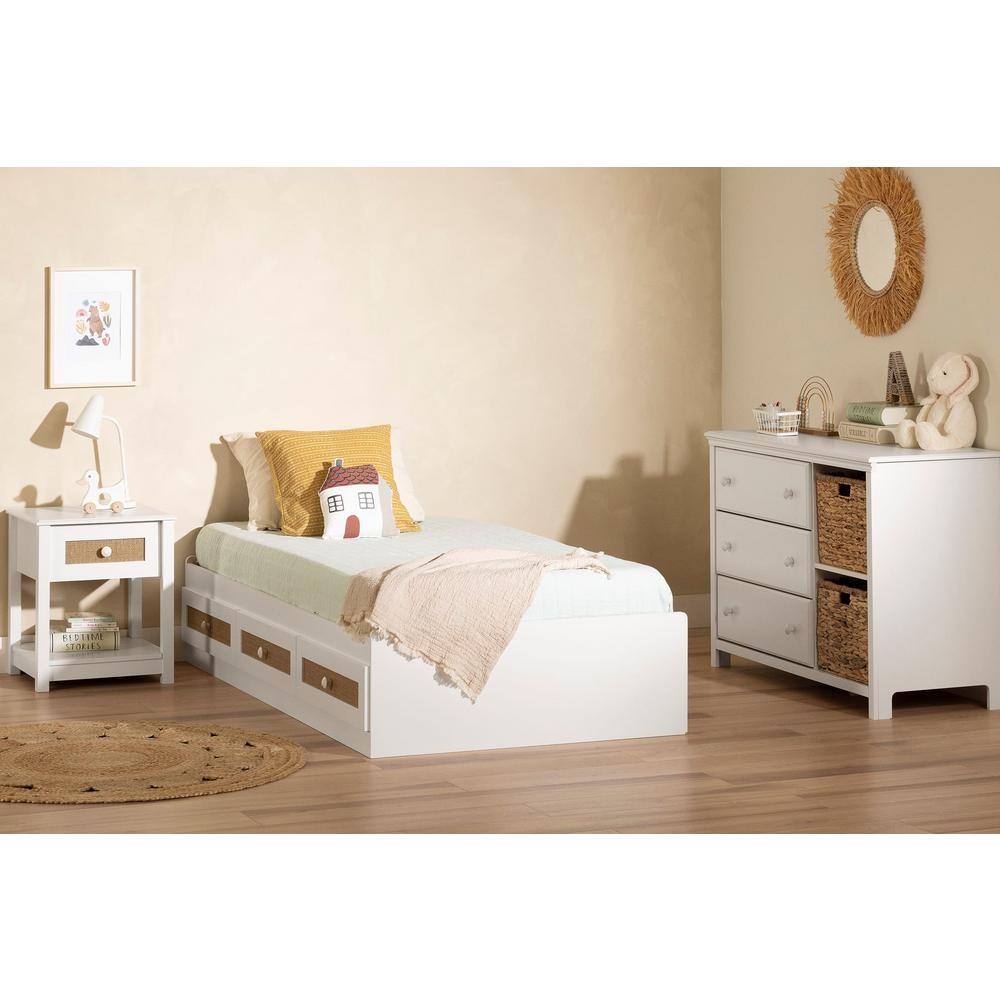 White Twin Platform Bed with Faux Rattan Drawers