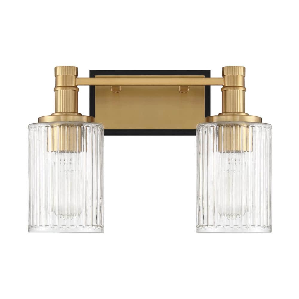 Matte Black and Warm Brass 2-Light Ribbed Glass Vanity Light