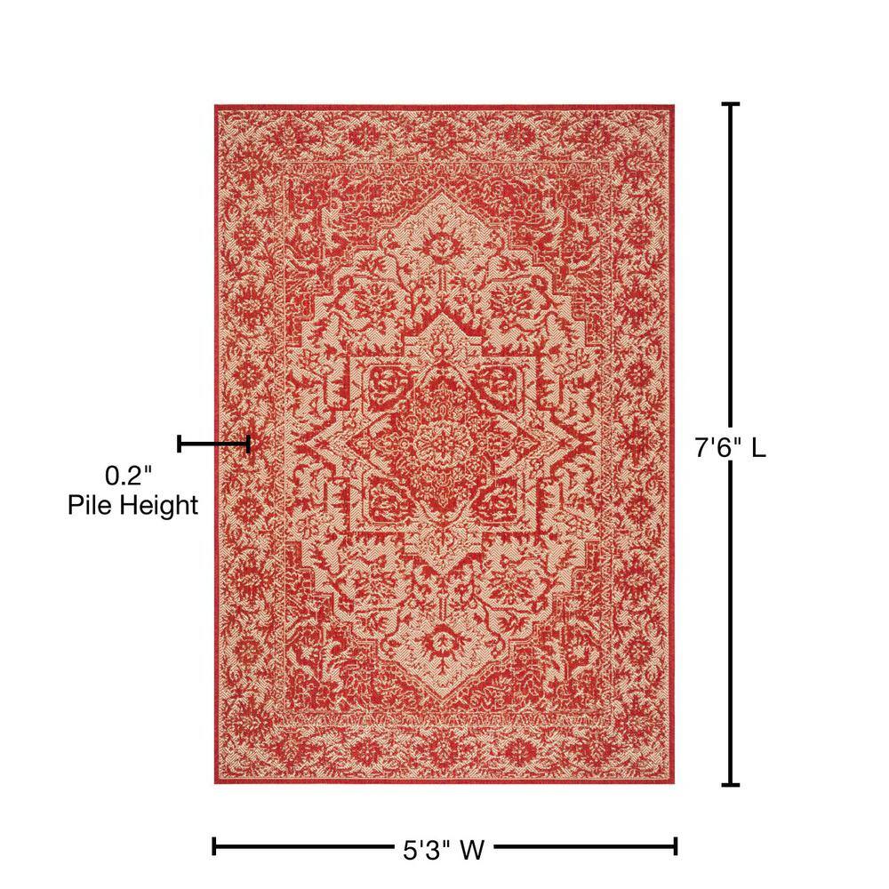 Red and Cream Synthetic Non-Slip Round Area Rug
