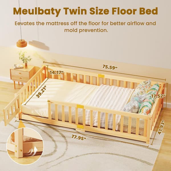 Twin Floor Bed for Kids Twin 42 in. W x 14 in. H Montessori Bed Frame with Wood Slat and Door and Slat Toddler Floor Bed