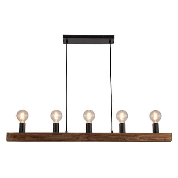 HUOKU Esencia 4-Light 42.5 in. W Matte Black Chandelier Billiard Lighting with Rectangular Brown Wood for Kitchen Island Desk