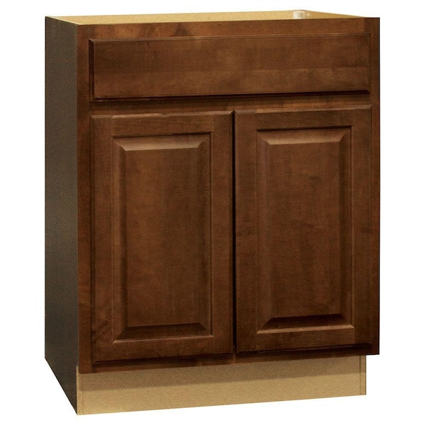 Hampton Bay Hampton 27 in. W x 24 in. D x 34.5 in. H Assembled Base Kitchen Cabinet in Cognac with Ball-Bearing Drawer Glides
