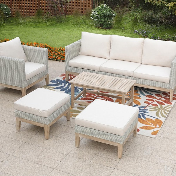 Phi Villa 5-Piece Rattan Wood Outdoor Patio Conversation Set with Beige Cushions, 2 Ottomans and Acacia Wooden Table