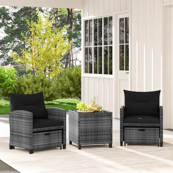 ANGELES HOME 5-Piece PE Rattan Wicker Patio Conversation Set with Black Cushions, 2 Ottomans and Tempered Glass Coffee Table