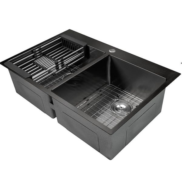 All-in-One Gunmetal Matte Black Finish Stainless Steel 33 in. Double Bowl Drop-In Kitchen Sink with Pull-down Faucet