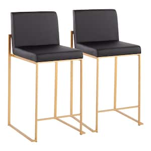 Fuji 35.5 in. Black Faux Leather and Gold Steel High Back Counter Height Bar Stool (Set of 2)