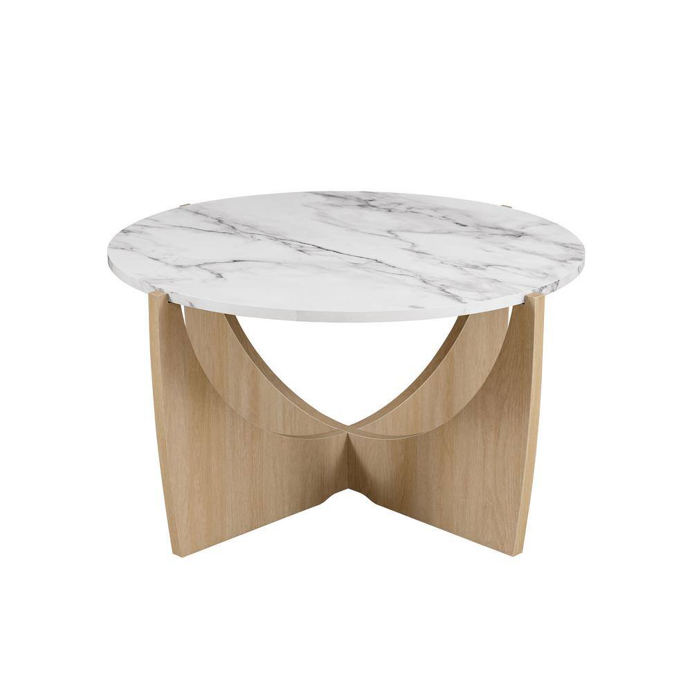 Calacatta Marble and Coastal Oak Round Coffee Table, 35 Inch