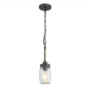 1-Light Dark Gray Industrial Island Pendant-Light with Mason Jar Shade Farmhouse Hanging Light with Faux wood accent