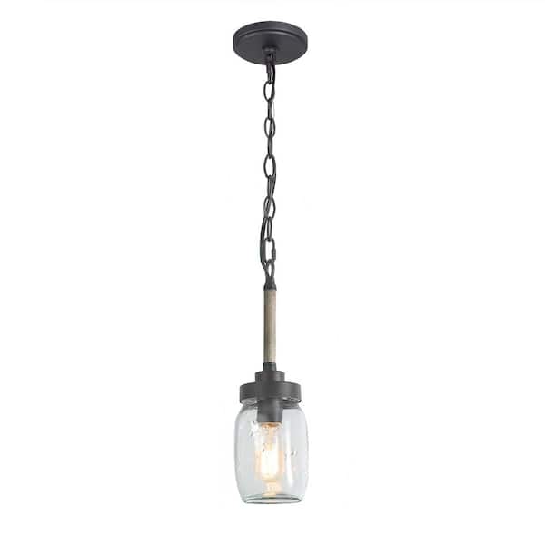 LNC 1-Light Dark Gray Industrial Island Pendant-Light with Mason Jar Shade Farmhouse Hanging Light with Faux wood accent