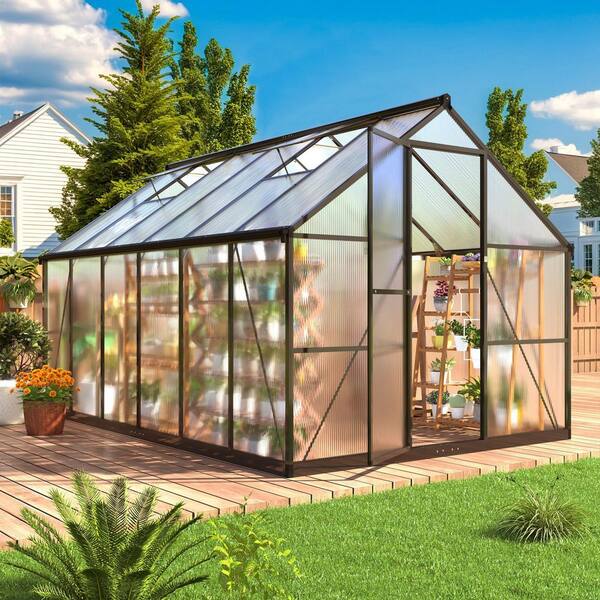 NETAJE 8 ft W x 12 ft D Black Polycarbonate Greenhouse with Quick