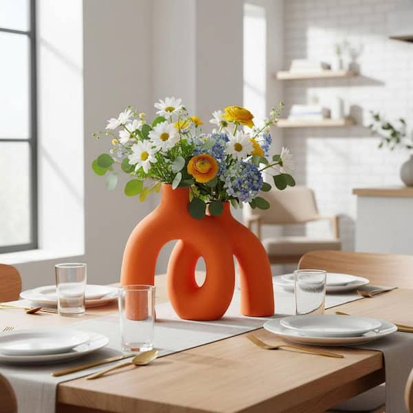 8.3 in. Orange Geometric Ceramic Decorative Vase Modern Decorative Home Accent UM2WH2