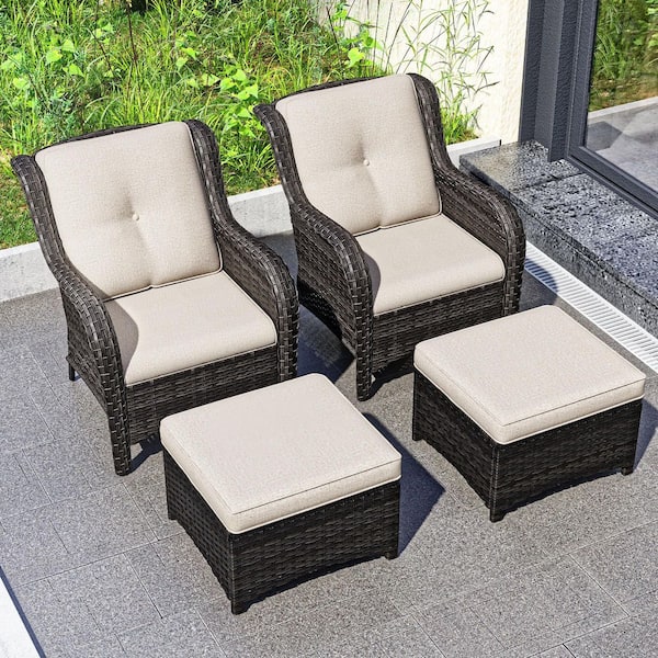 4-Piece Wicker Outdoor Patio Conversation Set with Beige Cushions and Ottoman