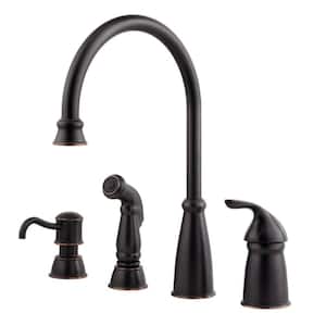 Avalon Single-Handle High-Arc Standard Kitchen Faucet with Side Sprayer and Soap Dispenser in Tuscan Bronze