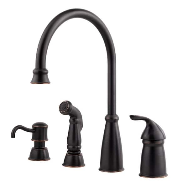 Pfister Avalon Single-Handle High-Arc Standard Kitchen Faucet with Side Sprayer and Soap Dispenser in Tuscan Bronze