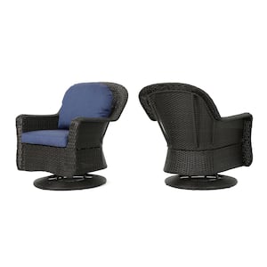 Dark Brown Swivel Wicker Outdoor Lounge Chair with Blue Cushions (2-Pack)