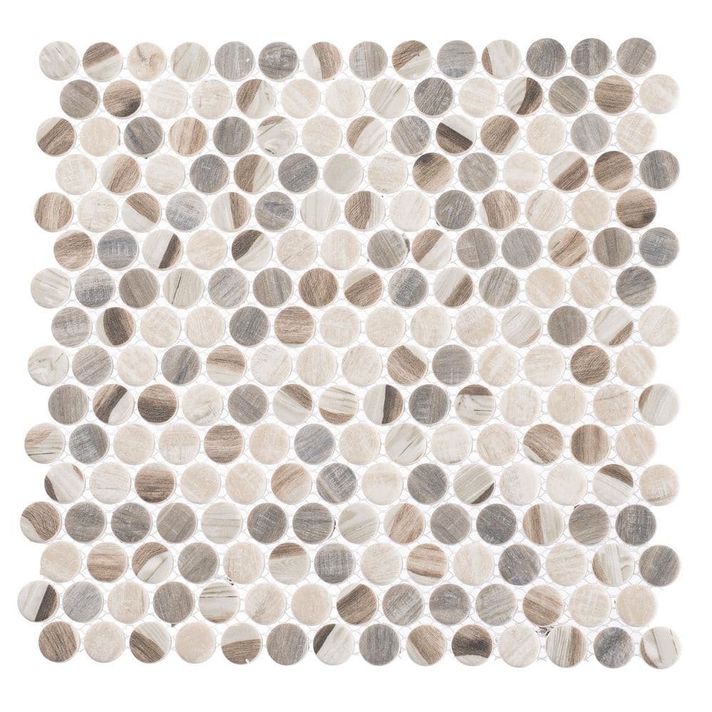 Noel Off-White and Gray Glass Penny Round Mosaic Tile