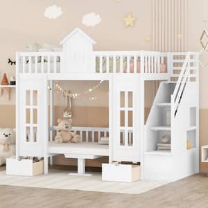 Twin-Over-Twin Bunk Bed with Changeable Table, Bunk Bed Turn into Upper Bed and Down Desk with 2-Drawers, White