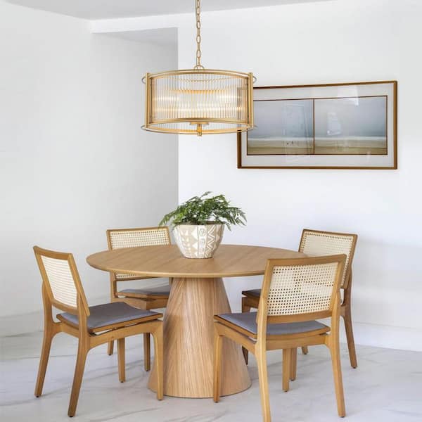 3 Light Gold Modern Farmhouse Drum Chandelier Hanging Pendant Light Fixtures for Kitchen Island with Clear Glass Shade