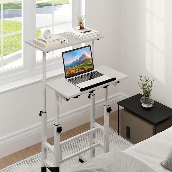 24 in. White Mobile Standing Desk Rolling Adjustable Laptop Cart Home Office