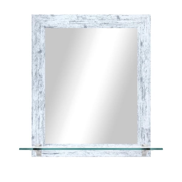 Unbranded 21.5 in. W x 25.5 in. H Rectangle White Weathered Vertical Mirror with Tempered Glass Shelf/Chrome Brackets