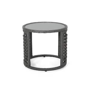 Tatiana Grey Round Faux Rattan Outdoor Patio Side Table with Tempered Glass Top