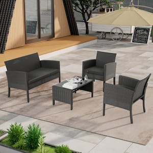 4-Pieces Rattan Patio Conversation Sets with Grey Cushions