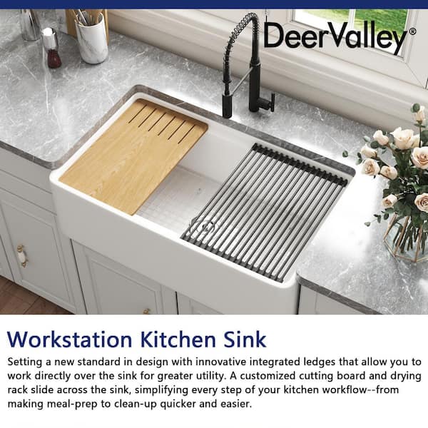 DeerValley 33 in. Farmhouse/Apron-Front Double Bowl White Fireclay Workstation Kitchen Sink with Grid and Basket Strainer