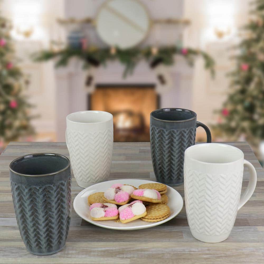 22 oz White and Gray Ceramic Stoneware Mug Set of 4