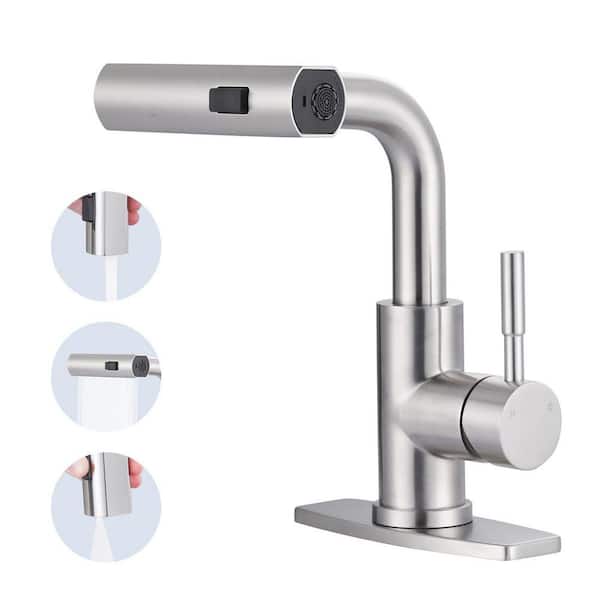 Modern Single Handle Bar Faucet Deckplate Included with Pull-Out Sprayer in Brushed Nickel