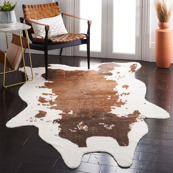 Faux Cow Hide 4 ft. x 5 ft. Ivory/Dark Brown Flokati Marble Area Rug