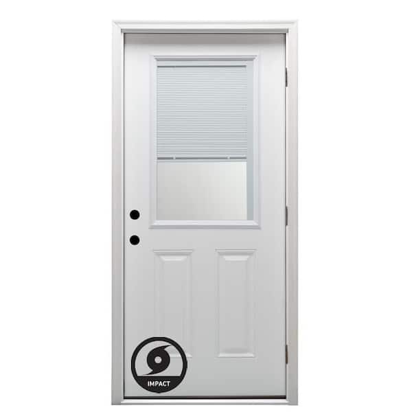 MMI DOOR 36 in. x 80 in. Severe Weather Internal Blinds Left-Hand 1/2-Lite Clear Primed Fiberglass Smooth Prehung Front Door