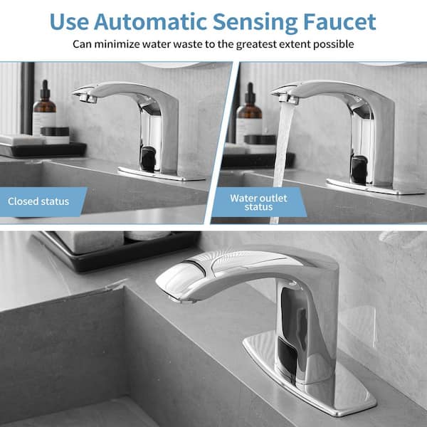 Automatic Sensor Touchless Bathroom Sink Faucet With Deck Plate & Pop Up Drain In Polished Chrome