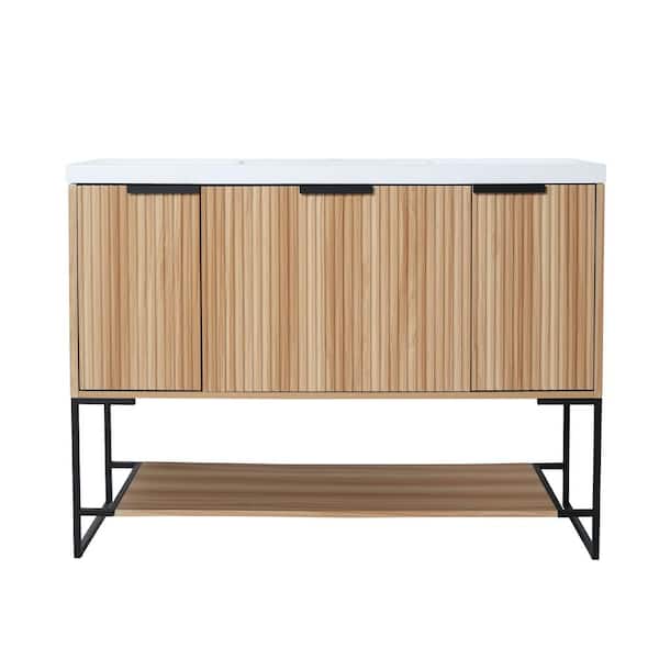 FAMYYT 47.2 in. W x 18.1 in. D x 35 in. H Freestanding Bath Vanity in Brown with White Resin Top and Shelf and Drawer and Doors