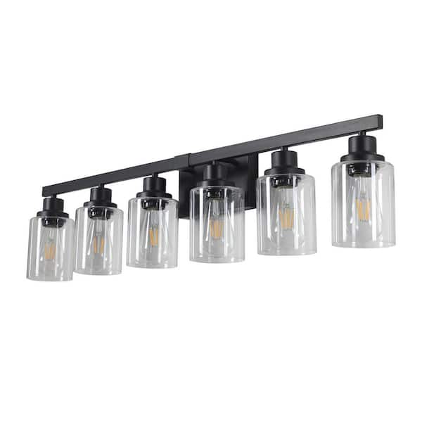 36.8 in. 6-Light Rustic Black Bathroom Vanity Light with Clear Glass Shades for Mirror, Vanity (Bulb Not Included)