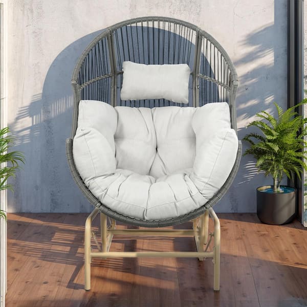 Patio Dark Gray Wicker Large Glider Egg Chair Outdoor Lounge Chair with Light Beige Cushion