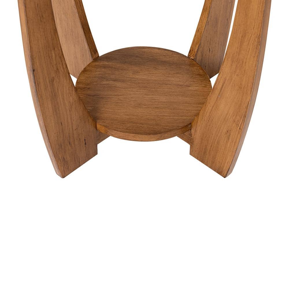 Rustic Caramel Brown Round Wood End Table with Shelf