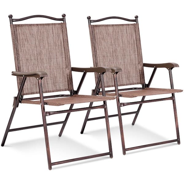 Costway Brown Metal Outdoor Patio Folding Beach Lawn Chair (Set of 2)