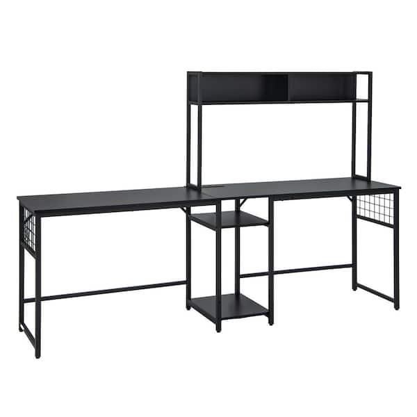 Costway 59 in. L-shaped Black Desk with Power Outlet Large Corner Desk Converts to 2-Person Long Desk
