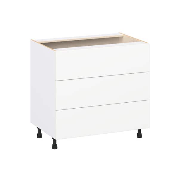J COLLECTION Timberline 36 in. W x 24 in. D x 34.5 in. H Assembled Slab Drawer Base Kitchen Cabinet in Bright White with 3-Drawers