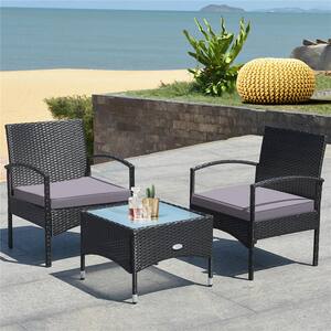 3 -Piece Patio Wicker Rattan Furniture Set Coffee Table and 2 Rattan Chair with Cushion in Gray