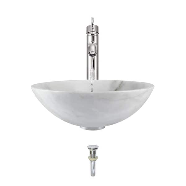 MR Direct Stone Vessel Sink in Honed Basalt White Granite with 718 Faucet and Pop-Up Drain in Chrome