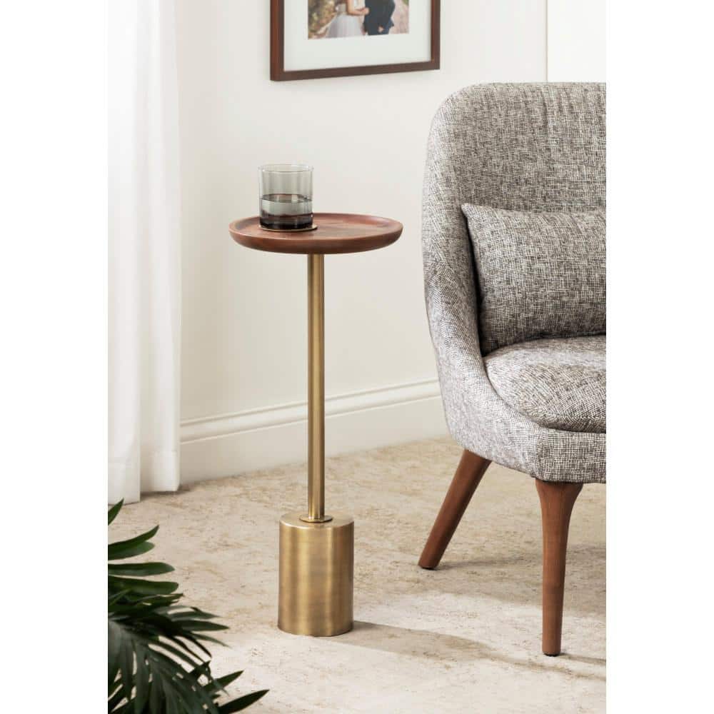 Walnut Brown and Antique Brass Round Wood and Metal Drink Table