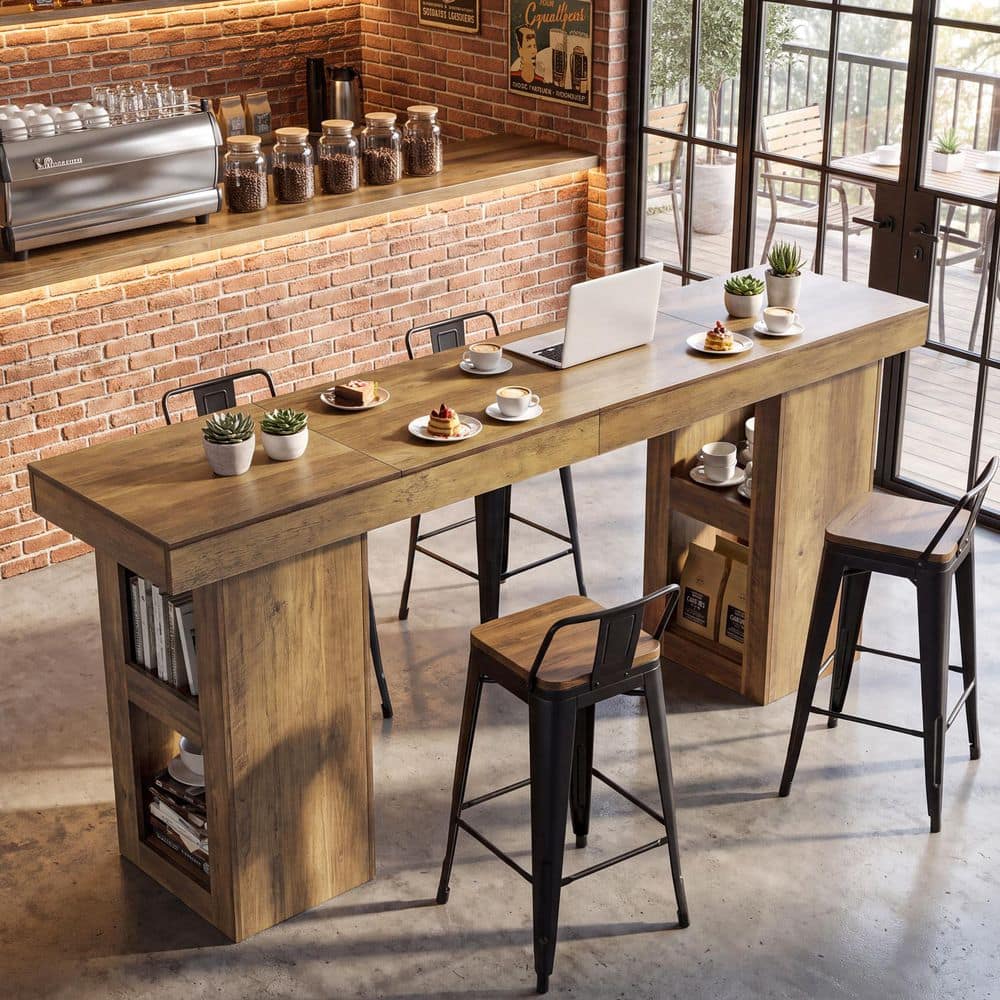 Kearsten 78.7 in. L x 35.4 in. H Brown Wood Rectangle Bar Table with Storage Shelves for Dining Room Living Room Divider