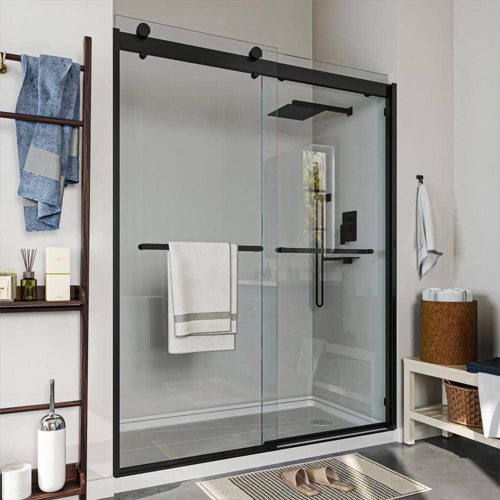 56 in. to 61 in. W x 76 in. H Sliding Framed Shower Door in Black Finish wi